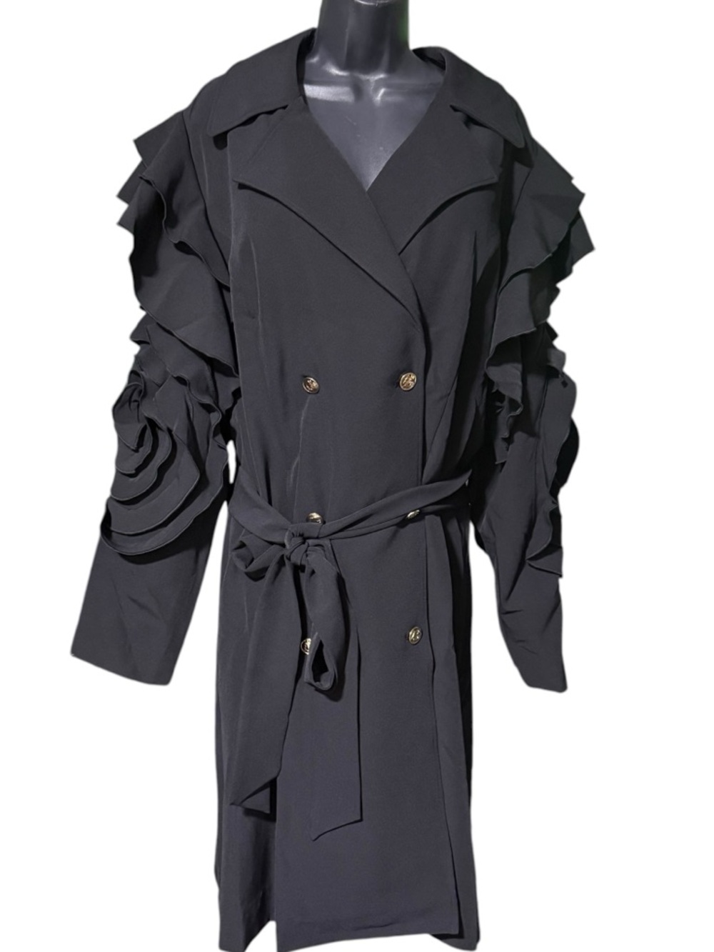 Christian Siriano Cassandra Black Ruffled Trench Coat with Gold Buttons size 2x - Picture 2 of 9
